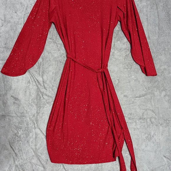 Calvin Klein red sequin scoop neck split bell sleeve red belted dress - Picture 2 of 16